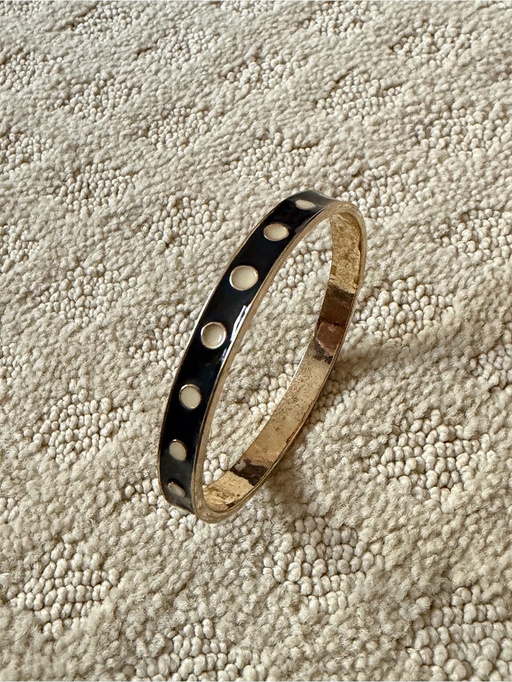 Gold Tone Black Enamel Bangle with Polka Dot Accents